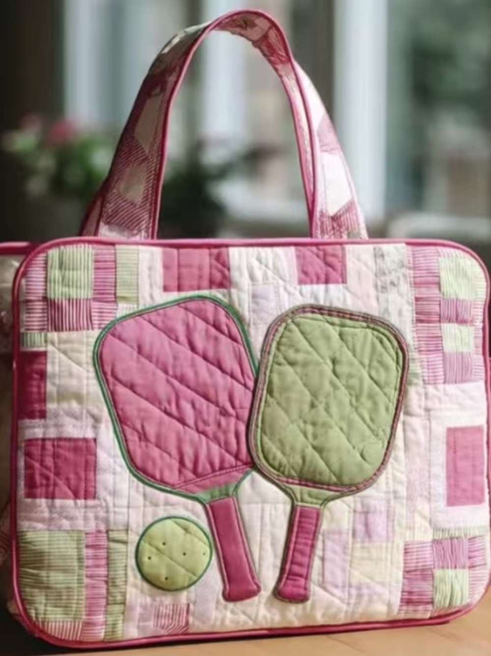 Pink and Light Green Quilted Paddle Tote Bag